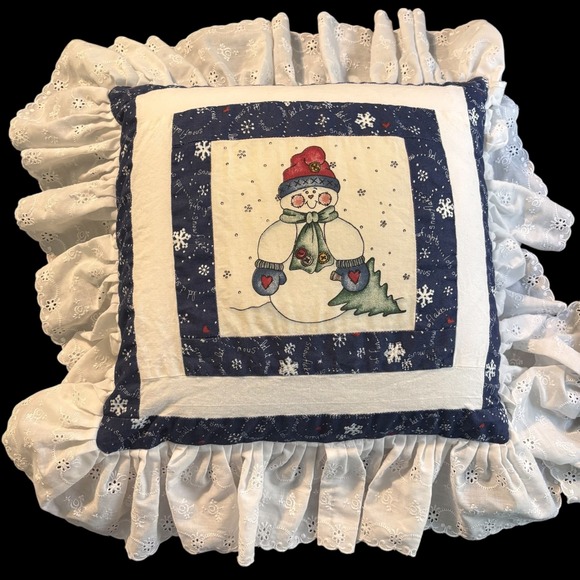 Set of 2 Vintage Quilted Throw Pillows Snowman Christmas Winter   Grannycore - Picture 3 of 7